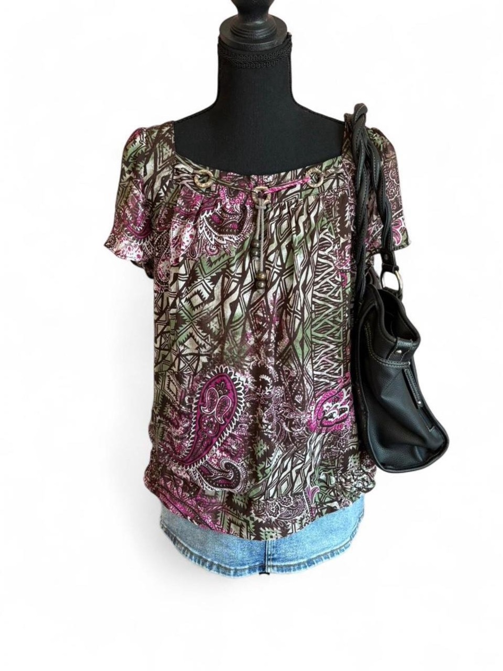 Dressbarn Y2K Womens Printed Short Sleeve Blouse, Size Large